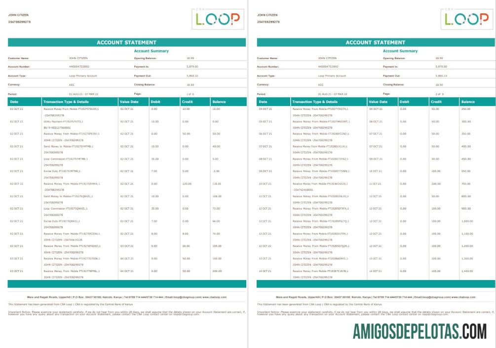 Exemplo de extrato bancário de 6 páginas do Quênia NCBA Loop